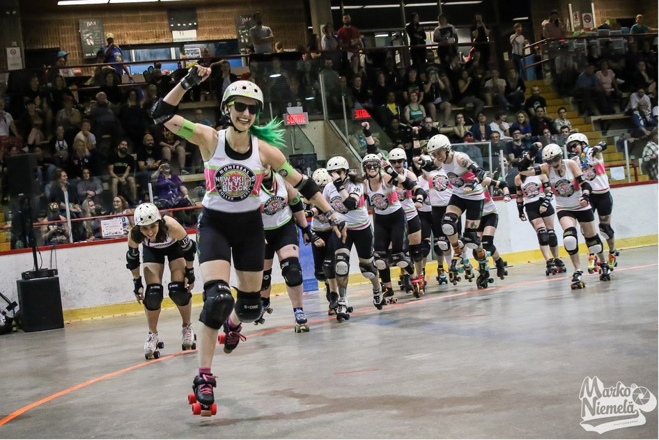 Pictured: Kaio-kensi, one of the team’s captains, leading Montréal Roller Derby’s New Skids on the Block in a team skateout at the WFTDA Recognized Tournament La Classique G.W. Tush, June 2019